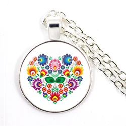 Ethnic Polish Folk Art Pattern Glass Cabochon Necklace Bohemia Fashion Flower Print Round Jewelry Pendant For Women Men Gift