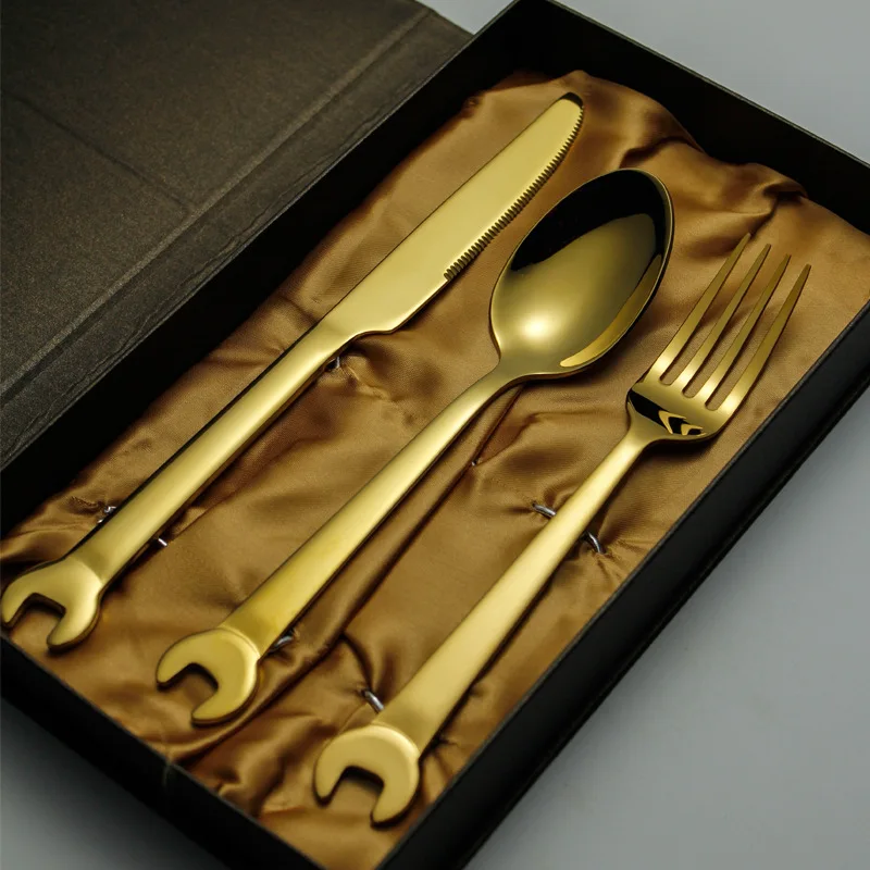 Jishi 304 stainless steel tableware creative wrench stainless steel cutlery fork black gold plated cutlery fork spoon gift set