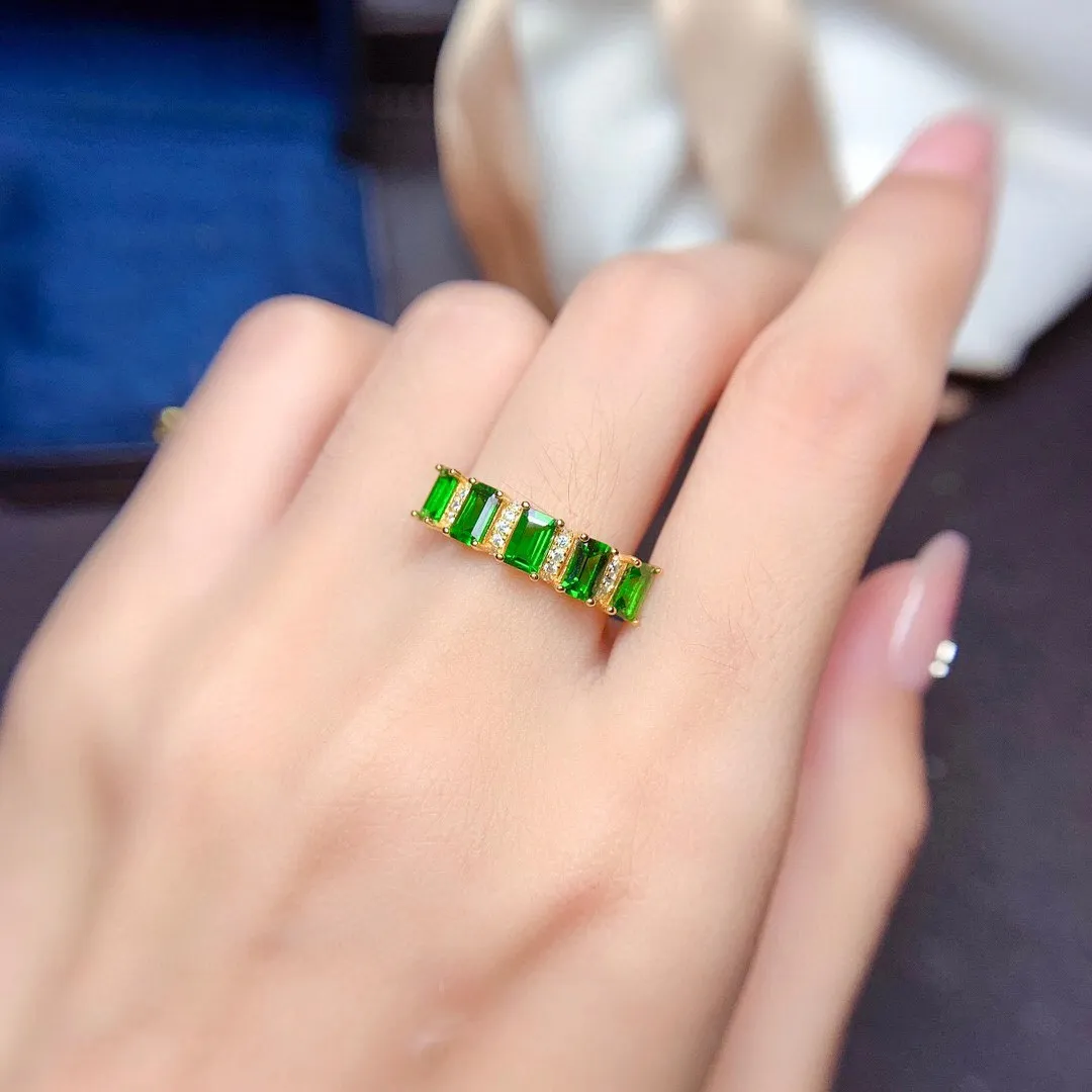 Natural Chrome Diospide Ring for Office Woman 3mm*5mm Emerald Cut Diopside Silver Ring 925 Silver Diopside Jewelry