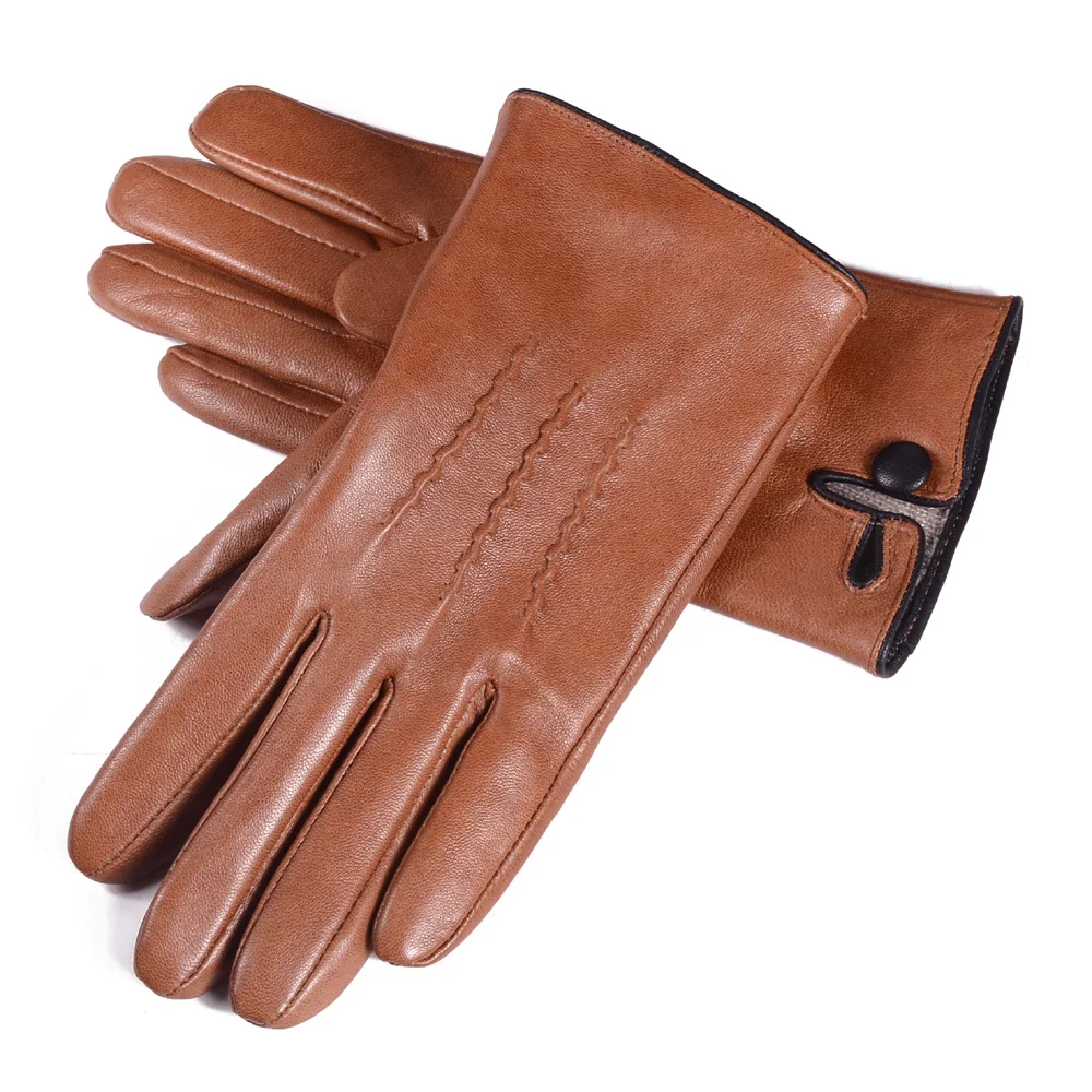 Guantes cortos de cuero curtido vegetal para hombre, guantes cálidos de invierno, botón de muñeca, conducción