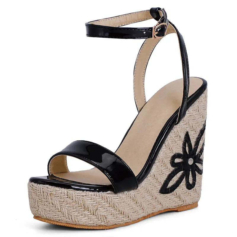 Lasyarrow Women's sandals summer new sandals women's large size wedge buckle belt open toe high heel black women's shoes