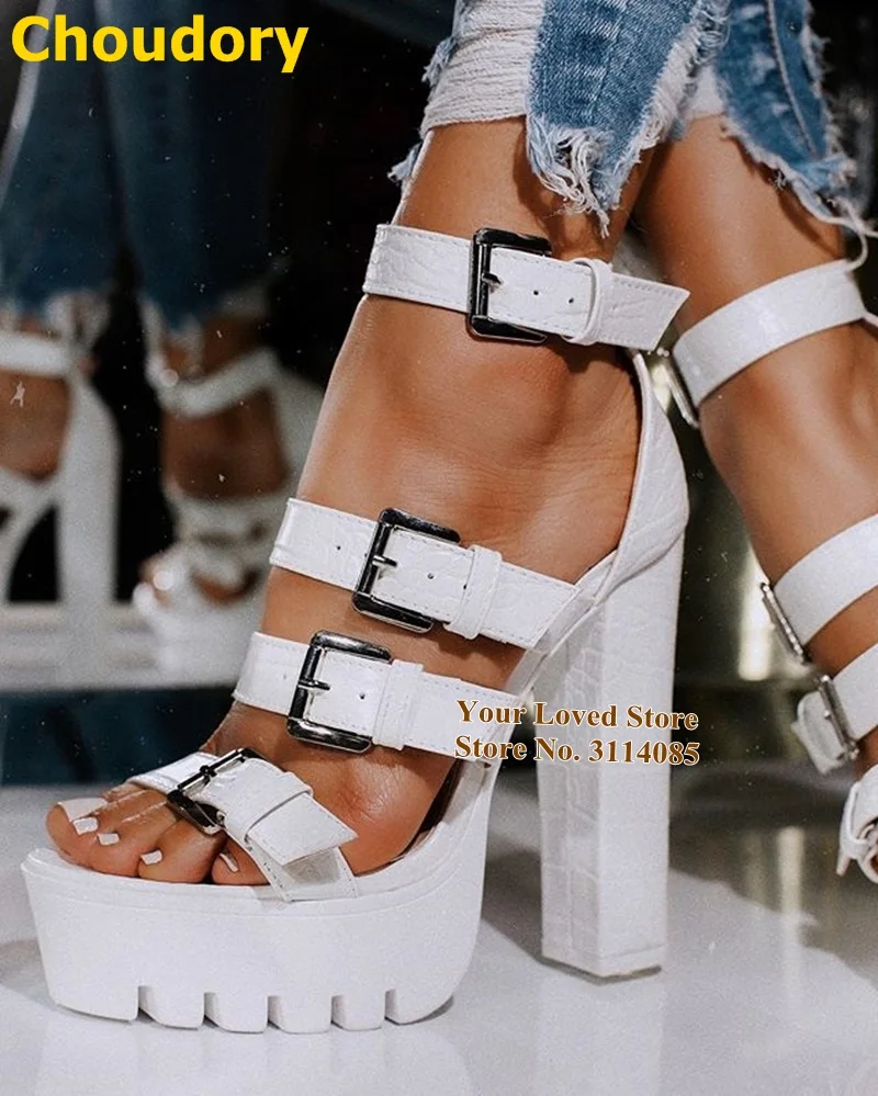 

Choudory White Black Snakeskin Chunky Heel Platform Sandals Buckle Strap Banquet Shoes Women Evening Dress Pumps Dropship