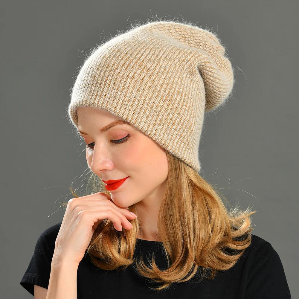 

2021 New Winter Hat for Women Rabbit Cashmere Knitted Beanies Thick Warm Vogue Ladies Wool Angora Hat Female Beanie Hats