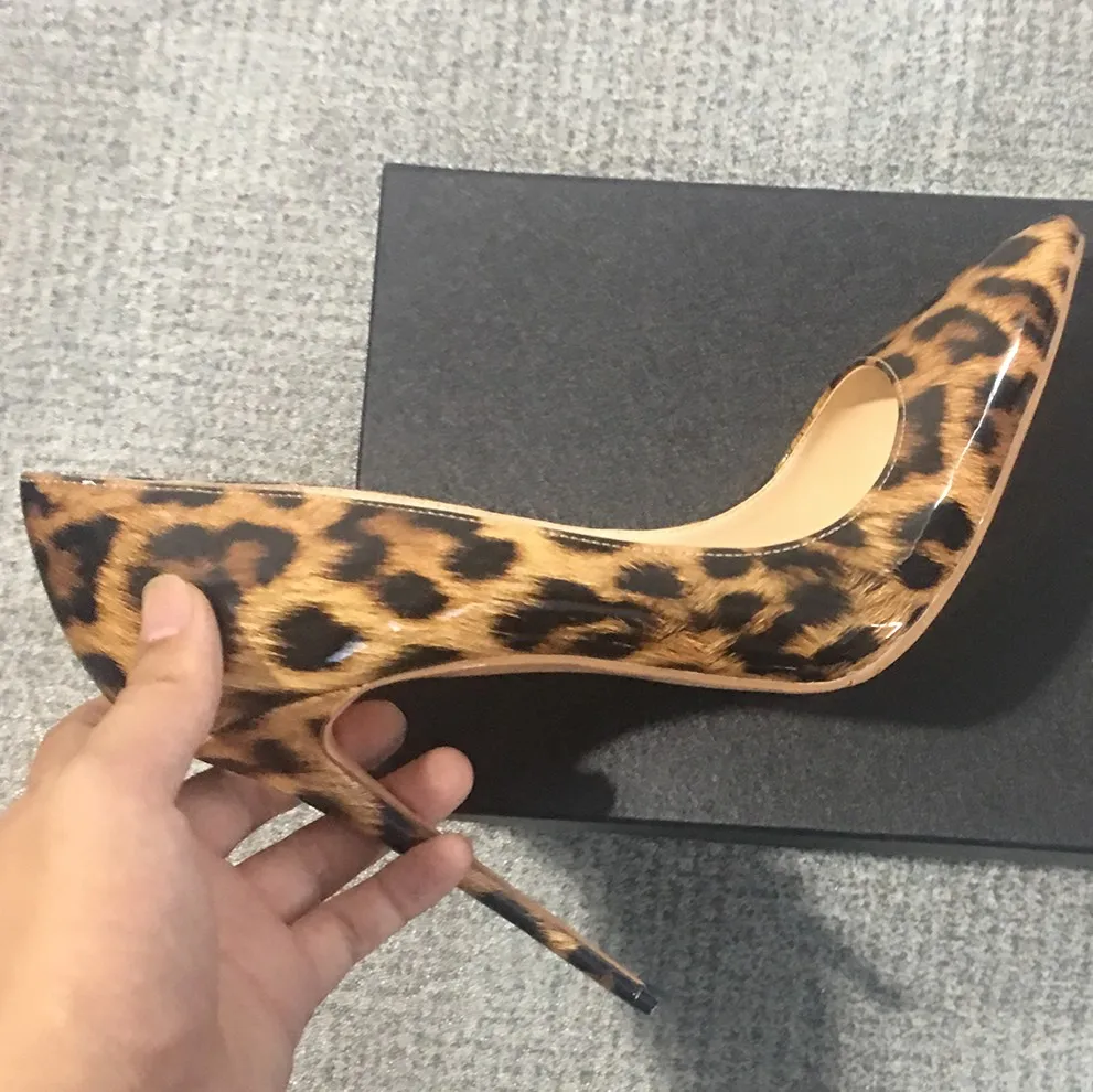 Woman Fashion Designer Leopard Pointed Toe Pumps Women Genuine Leather Thin High Heels Sexy Slip On Female Shoes Big Size D011A