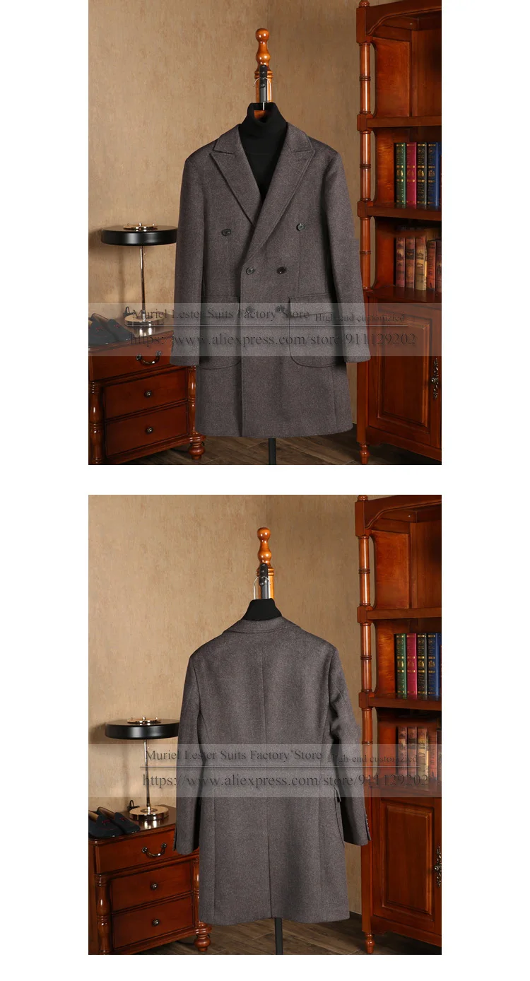 Brown Men Overcoat Long Coat Tweed Wool Blend Suit Jackets Groom Business Blazer Double Breasted Tuxedos Manteau Veste Homme