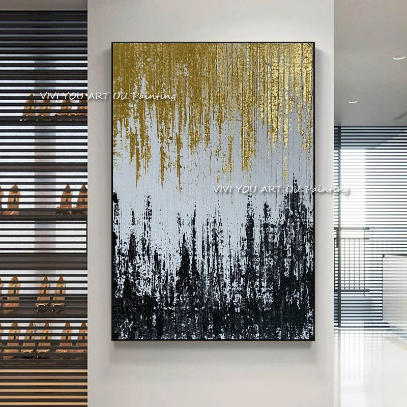 

Художественная ручная роспись маслом на холсте, золотая фольга, абстрактная креативная картина, настенная картина для гостиной, домашний декор, искусство