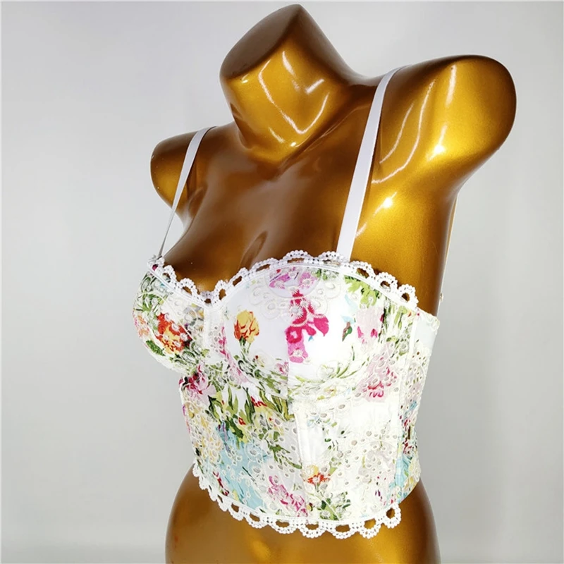 Cupnaya Summer Women Sexy White Floral Printed Cotton Crop Top Ladies Dance Wrap Corsets Lace Decoration Coordinating Camisoles