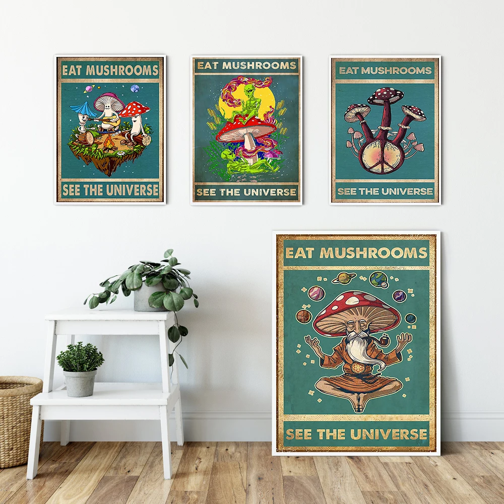 Eat Mushrooms See The Universe Poster Retro Trippy Hippie Wall Art Print Canvas Mushroom Wizard Alien Picture Bedroom Home Decor