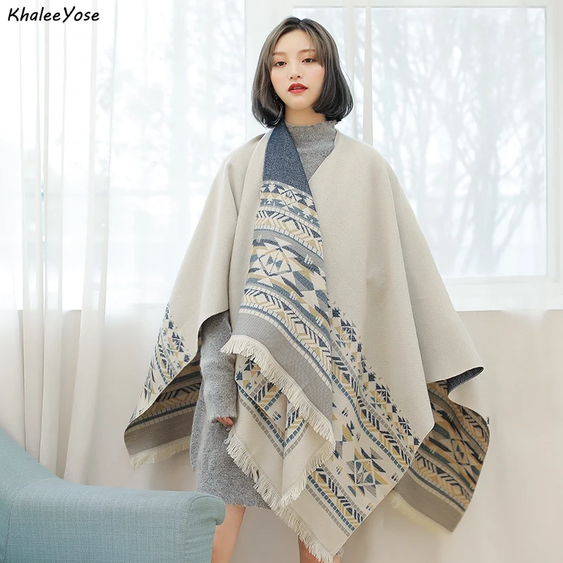 

KHALEE YOSE Ethnic Pattern Capes Cloak Cardigan Floral Boho Knited Vintage Chic Autumn Spring Cape Shawl Warm Poncho Outwear