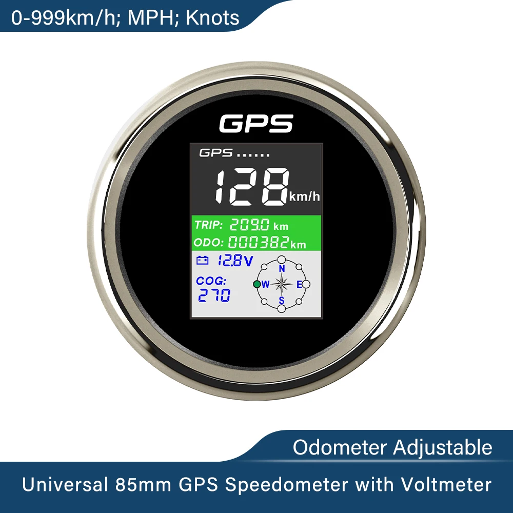 

Universal Digital GPS Speedometer Odometer 0-999999 Adjustable Tripmeter COG Km/h MPH Knots Voltmeter with GPS Antenna 9-32V