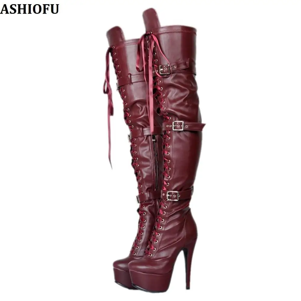 

ASHIOFU Handmade Women High Heel Boots Sexy Platform Party Prom Over Knee Boots Real Photos Evening Club Fashion Long Boots