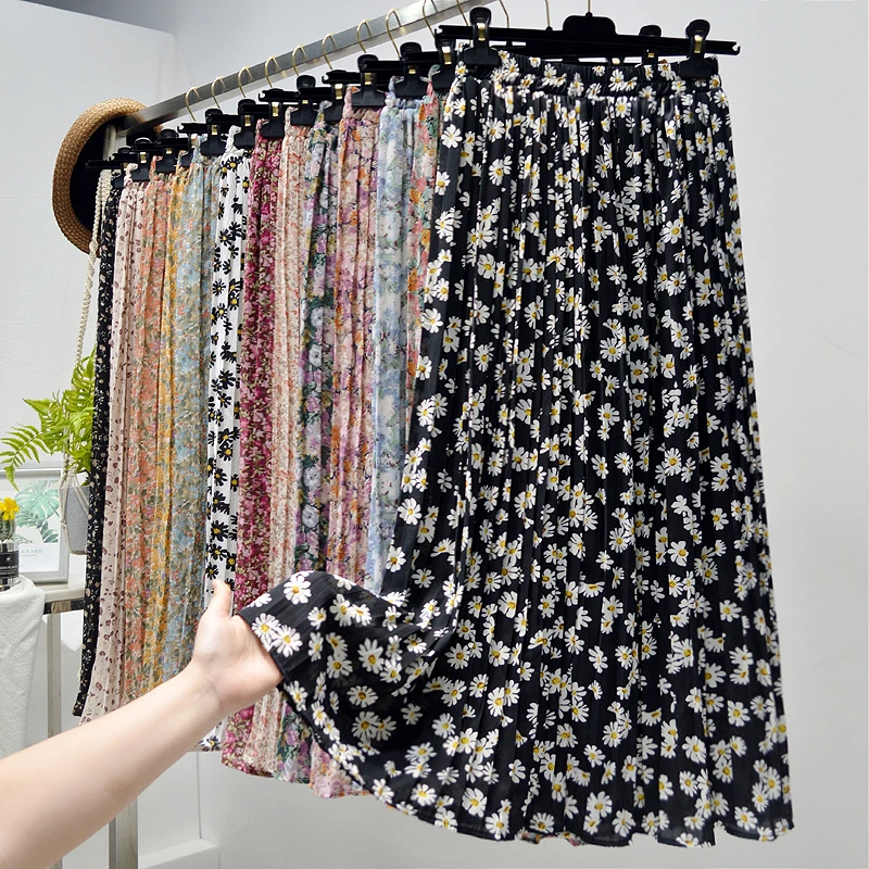 Summer Skirts Womens 2022 New Vintage Floral Print Chiffon Pleated Skirt Elastic High Waist Casual Midi Skirt Women Clothes Jupe