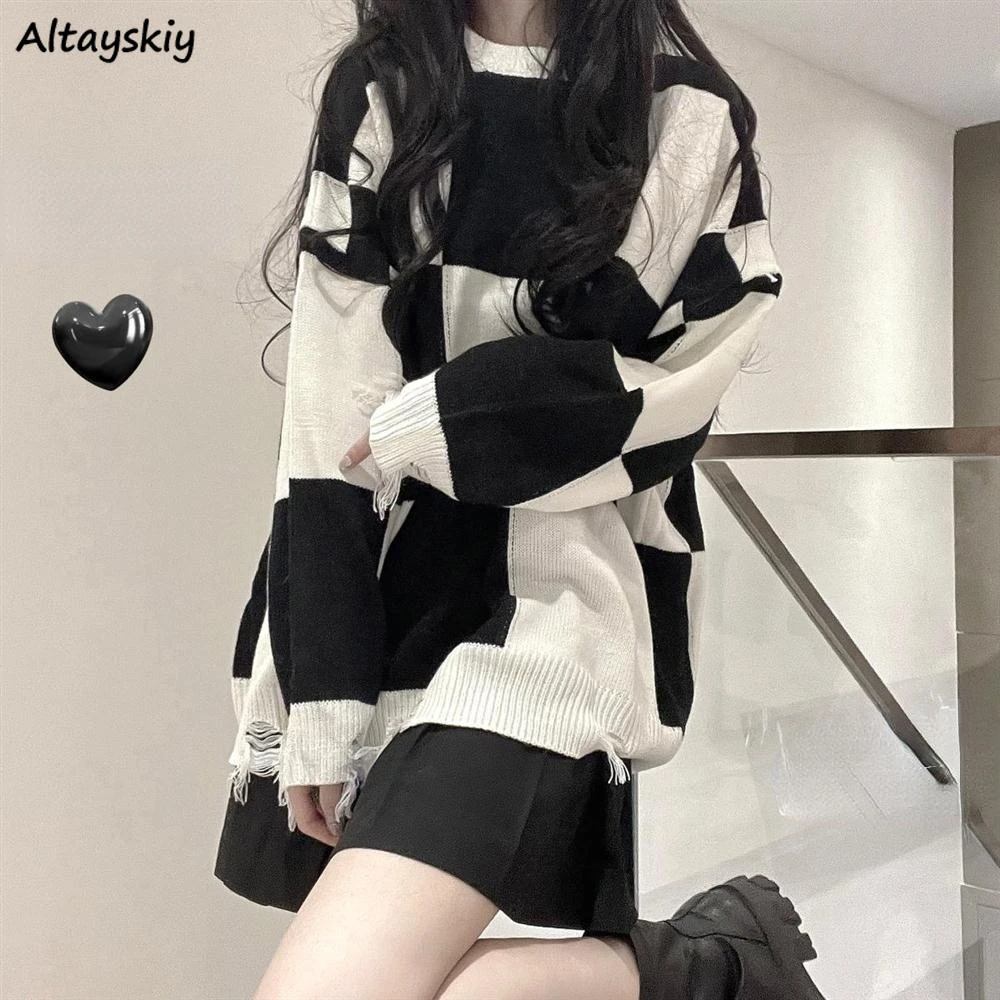 Plaid Sweaters Women Chic Hollow Out BF Harajuku Loose Long Sleeve Schoolgirls Pullover All-match Autumn Stylish Teens Knitwear