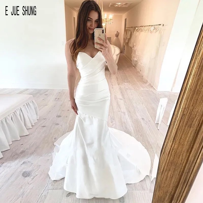 E JUE SHUNG – robe De mariée sirène blanche à plis simples, sans bretelles, dos nu, tenue De cérémonie