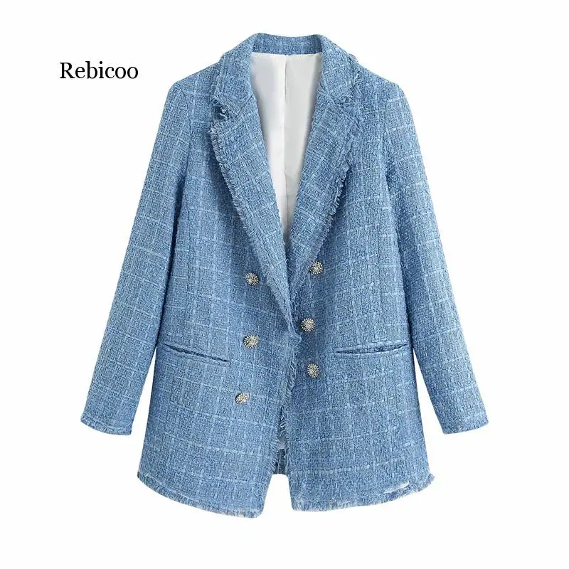 

vintage women tweed blue lattice long blazer female fashion jewellery button double breasted long sleeve loose blazer outwear