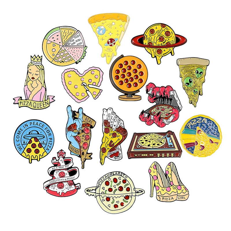 Pizza Enamel Pin Devil Hand UFO Planet Halloween Brooches Lapel Pin Funny Gothic Metal Badge Jewelry Gift for Friends Wholesale