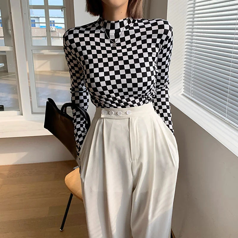 Black And White Plaid Long Sleeve T-shirt Women\'s 2021 Autumn New Style Top Half High Collar Bottomed Shirt Women\'s polo shirts