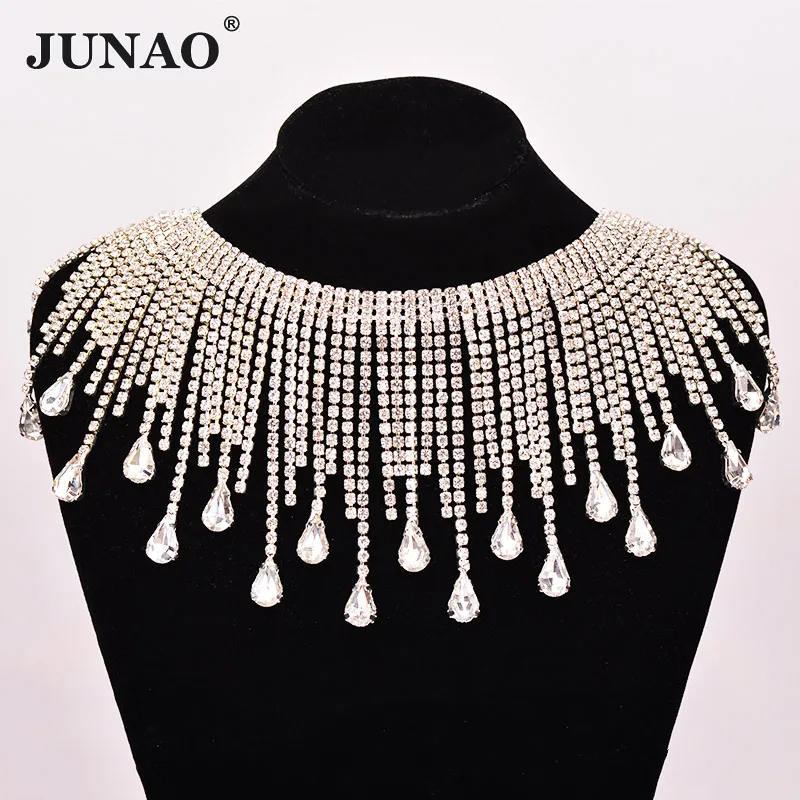 JUNAO 45cm/lot Crystal AB Glass Rhinestone Chain Fringe Tassels Sewing Metal Trim Crystal Applique Strass Banding Clothes Crafts