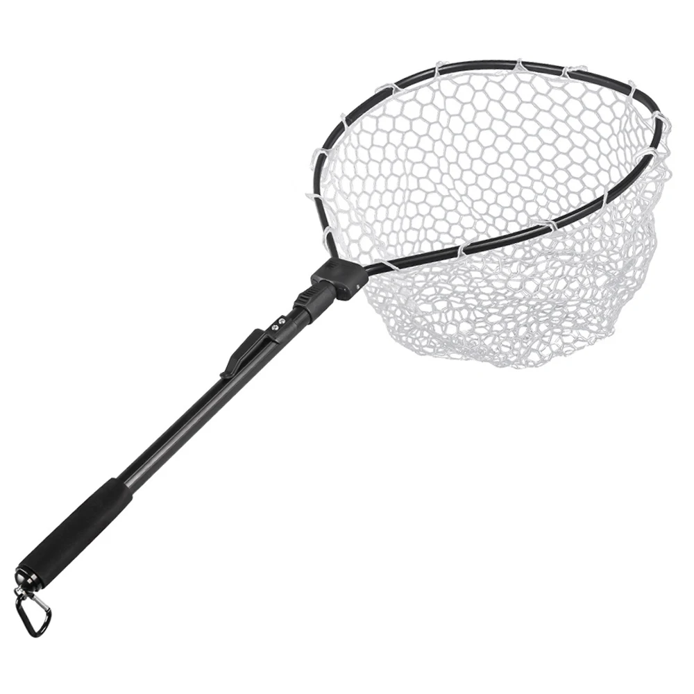 Folding  Fly Fishing Net Fish Landing Net Trout Bass Net Soft Clear Rubber Mesh Catch and Release Net