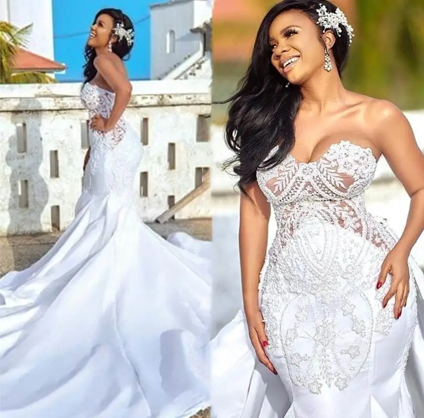 

Customized African Nude And White Mermaid Wedding Dresses Plus Size Sweetheart Strapless Appliques Lace Detachable Train Bridal