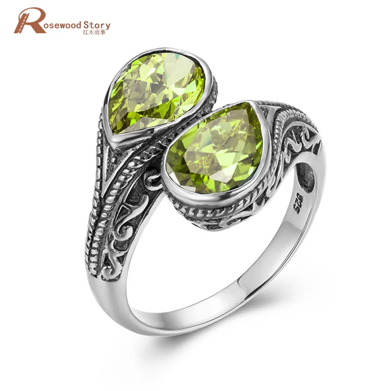 

Pure 925 Sterling Silver 2 Stones Womens Peridot Ring Vintage Jewelry Gothic Tear Drop Wedding Anniversary Gift Female Jewellery