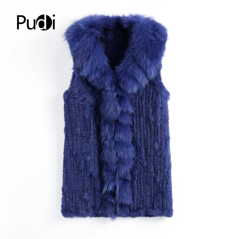 

VT901 Pudi Autumn Fashion Women Genuine Rabbit Fur Vest With Real Fox Fur Collar Long Lady Casual Coat