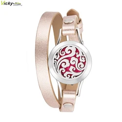 Hot Magnet 25mm Genuine Leather Aroma Stainless Steel Perfume Bangle Essential Oils Diffuser Locket Bracelet