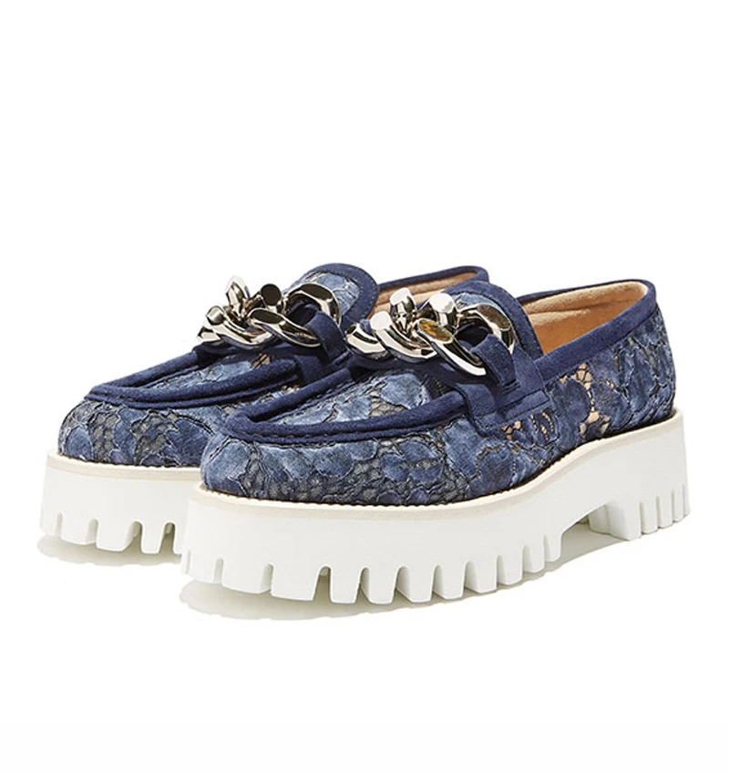 

Chic Woman Thick Platform Sole Blue Lace Flat Shoes Metal Chains Low Top Loafer Round Toe Slip On Casual Shoes