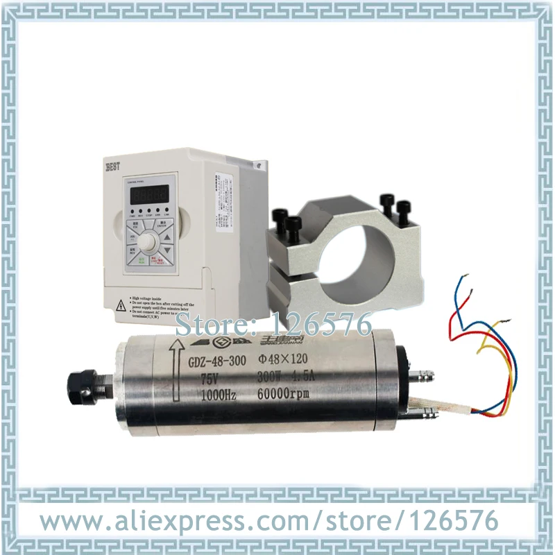 

High speed 60000rmp 300w 75V ER8 water cooled spindle motor + 1.5Kw AC220V VFD Inverter + 48mm bracket