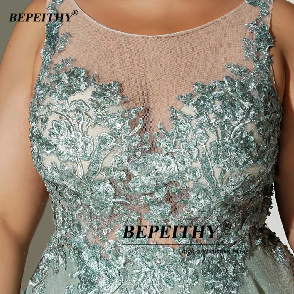 BEPEITHY, vestidos de noche largos personalizados, fiesta elegante para mujeres curvadas, sin mangas, encaje hasta el suelo, vestido de graduación verde de talla grande