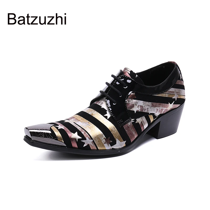 Batzuzhi New Design Men's Shoes Pointed Iron Toe Genuine Leather Dress Shoes Men Lace-up with Stars Party & Wedding Shoes Men!