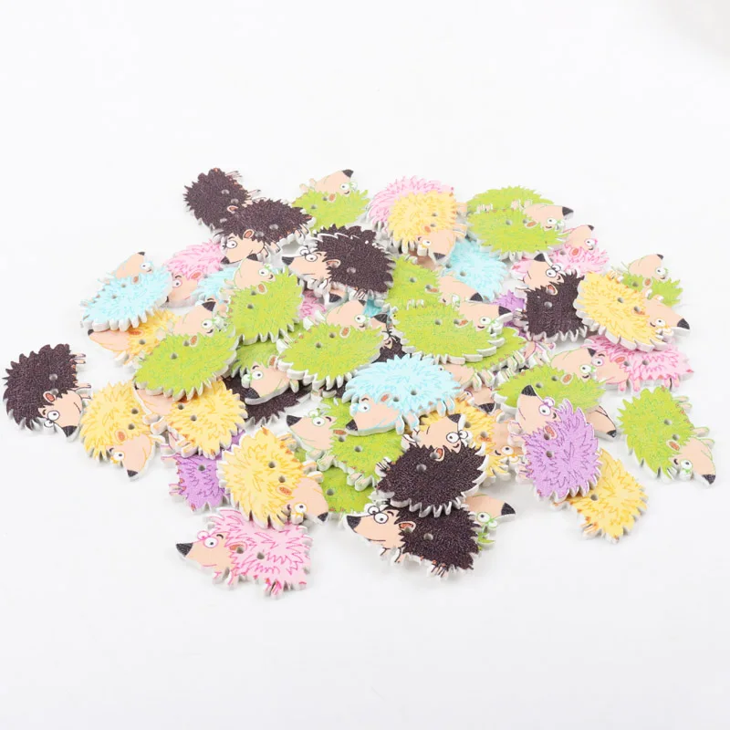 5colors Random Mixed Cute Hedgehog Painted Wooden Buttons Decorative Buttons For Sewing Scrapbooking Crafts 20pcs 32x22mm