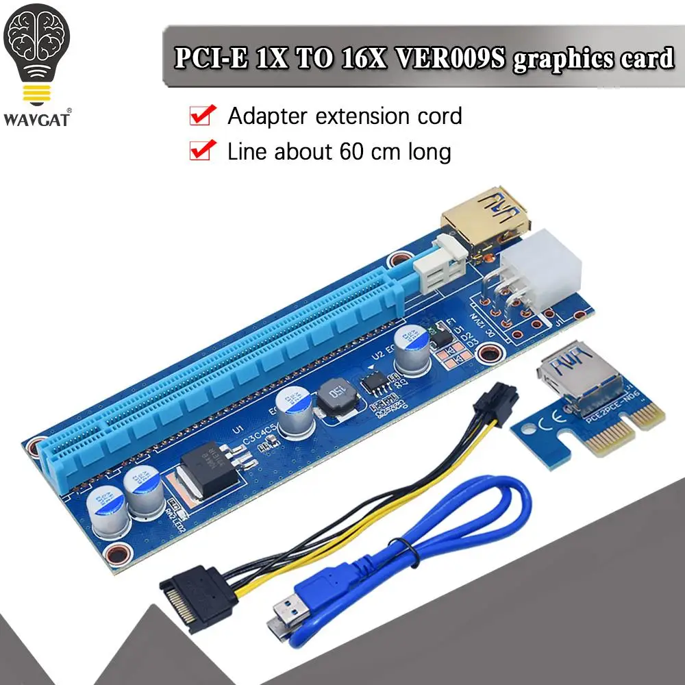 WAVGAT Golden 009S PCI-E Riser Card VER009 PCIE 1X to 16X Extender 6Pin Power 1M 0.6M 0.3M USB 3.0 Cable for Video Card Adapter