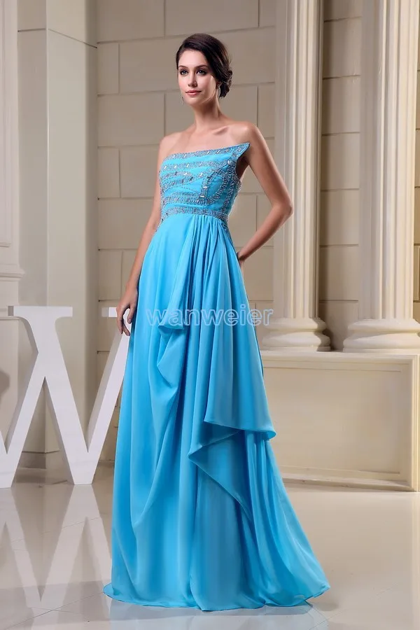 Gratis Verzending Nieuwe Ontwerp Kwaliteit Formele Gown Custom Blue Chiffon Crystal Lange Avondjurk 2016 A-lijn Kralen Prom Gown