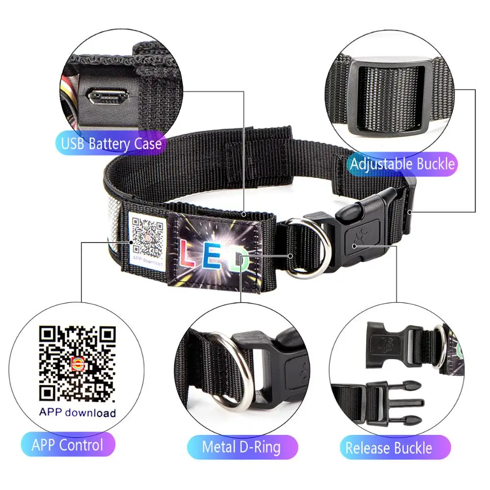 UNTSMART-Collar de perro Led programable, luz de desplazamiento con Bluetooth, texto y gráficos personalizados multicolores, color blanco