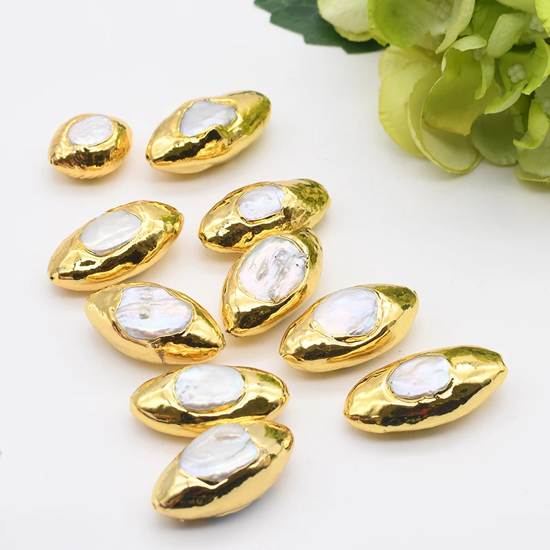 5pcs/lot 36x19mm Freshwater Cultured White Keshi Pearl Irregular Oval shape Metal Bezel Connector Jewelry Making DIY