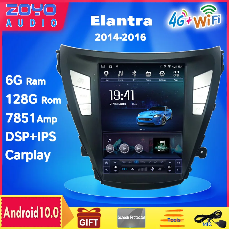 ZOYOSKII-Radio Vertical con GPS para coche, unidad principal automática con Android 13, para Hyundai Elantra 2014-2016, 6G, 128G, 10,4 pulgadas, Tesla