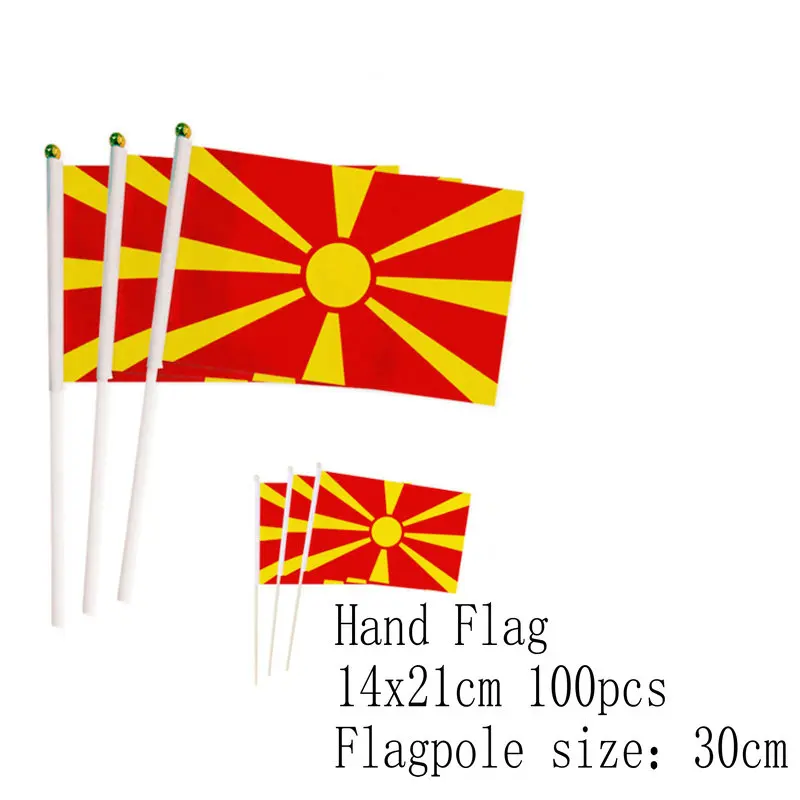 

zwjflagshow Macedonia Hand Flag 14*21cm 100pcs polyester macedonia Small Hand waving Flag with plastic flagpole for decoration