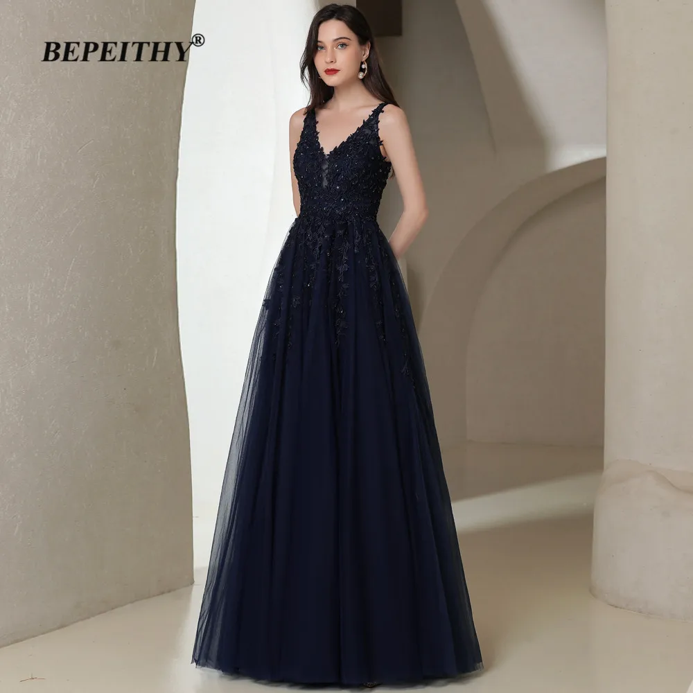 BEPEITHY Customized Navy Blue Long Evening Dresses For Women 2023 V Neck Sleeveless Prom Dress For Womens Elegant Luxury Gowns