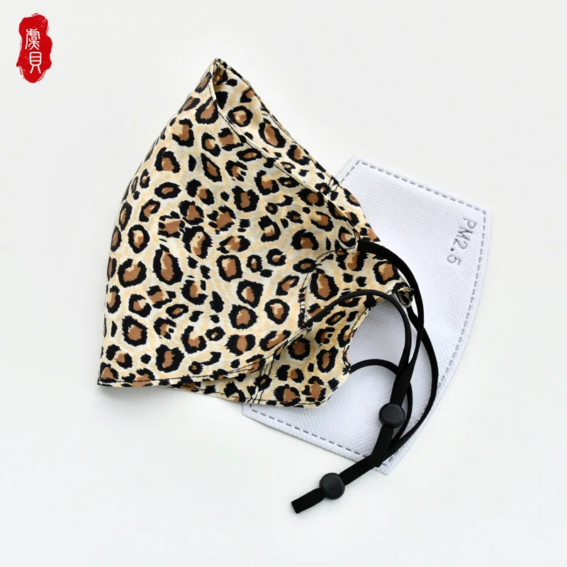 Máscara facial leopardo de seda para mulheres, 100% natural antiqueimaduras de sol, lavável, máscara para boca adulto com slot para filtro