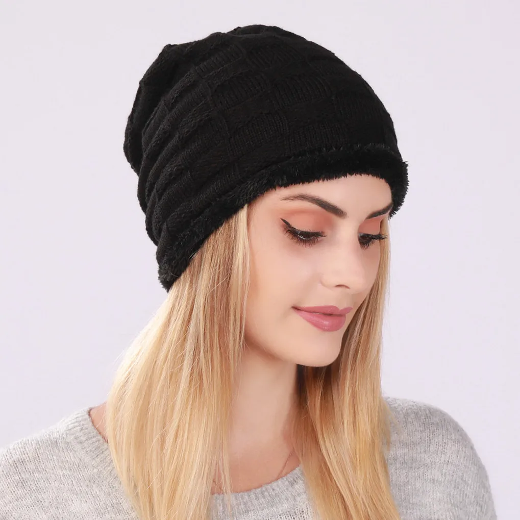 Fashion Women Warm Knitted Skullies Beanies Hat Cap Stretchy Plaid Lady Female Solid Thick Winter Cap Hat For Womem