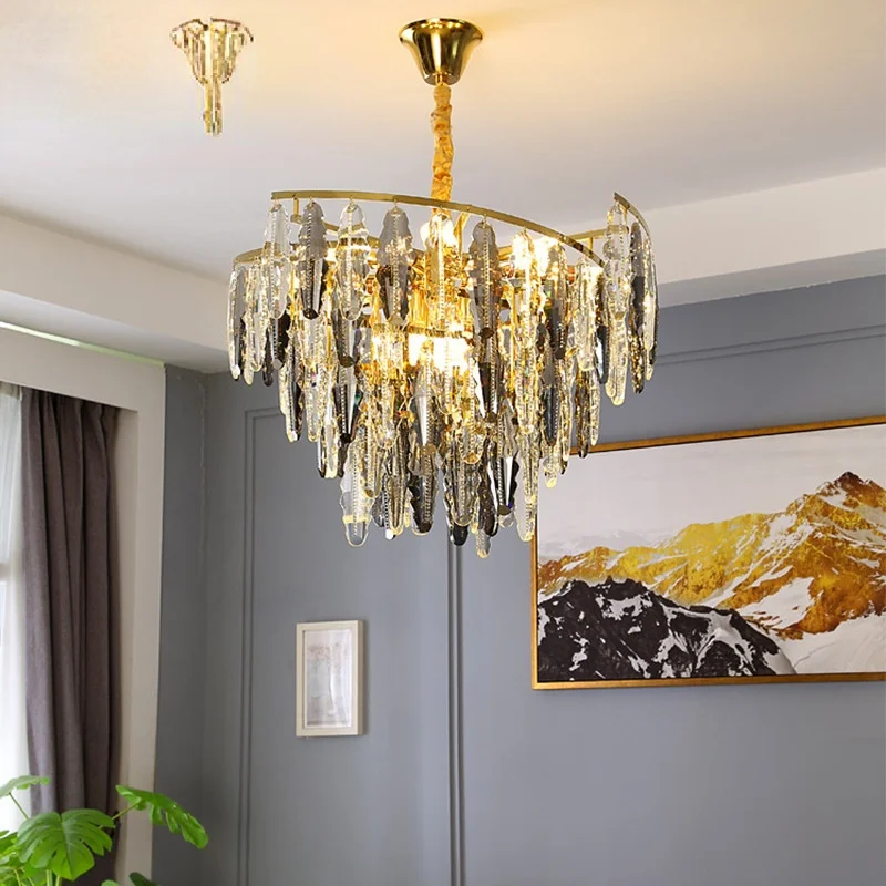 

LED Postmodern Hanging Gray Crystal Stainless Steel Rectangle Chandelier Suspension Ceiling Light Lustre Dinning Room