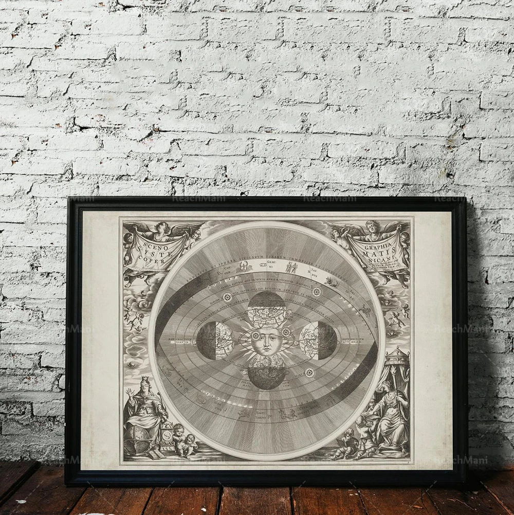 | Vintage zodiac card | 18th century astrology chart | Giclee print | Peter Schenk | Vintage art | Angel cherub sun and moon car