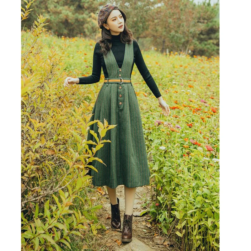 Vintage Wool Dress For Women Fashion Sexy Overall Jumpsuit Elegance Party Woolen Romper Strap A Line Long Knitted Sweater Tops