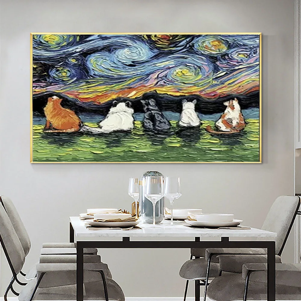 

Famous Artist Van Gogh Oil Painting Starry Sky Animal Pet Cat Starry Sky Landscape Hand-Painted Canvas Picture Wall Decor Mural