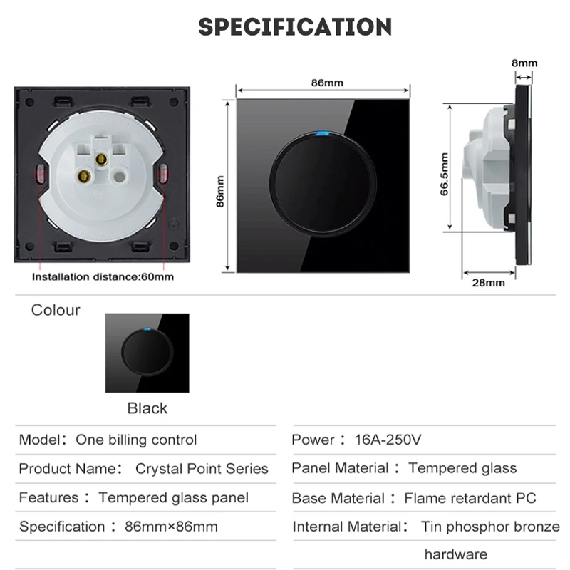 EU UK Standard 1/2/3/4 Gang 1/2 Way Wall Light Switch Round Crystal Tempered Glass Panel Push Button Switch with LED Indicator