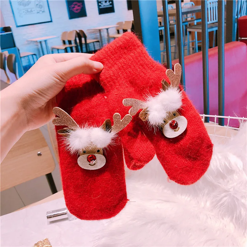 

OMEA Angora Rabbit Fur Christmas Winter Gloves Women Red Thicken Cute Christmas Deer Warm Cartoon Elk Mink Fur Fingerless Gloves