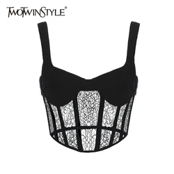 TWOTWINSTYLE Sexy Patchwork Lace Tank Tops For Women Square Collar Sleeveless Solid Hollow Out Short Vest Female 2021 Fashion