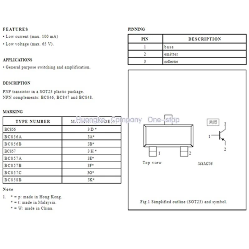 100PCS/LOT BC858B Mark 3K  BC858C 3L BC858A 3J BC857A 3E BC857B 3F BC857C 3G BC856A 3A BC856B 3B Trans GP BJT PNP 30V 0.1A SOT23