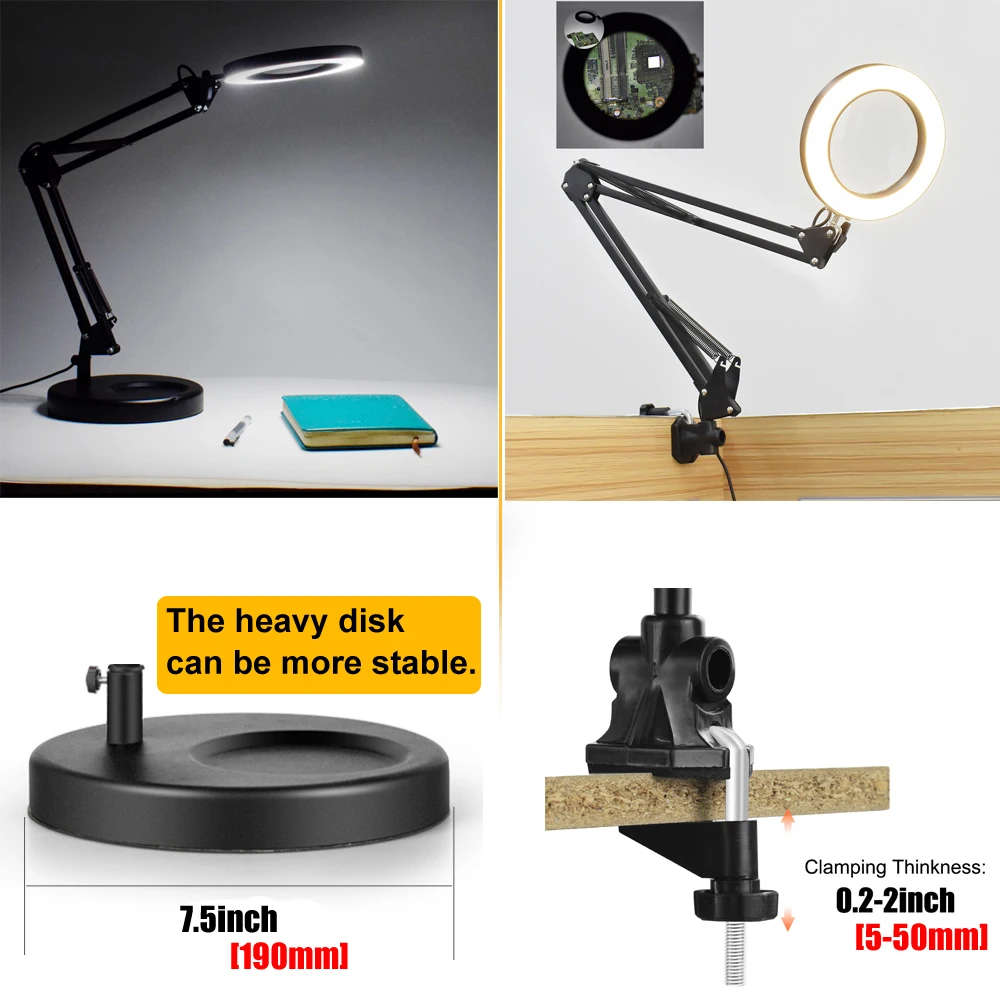 EOOKU LED Magnifying Desk Lamp 3 Color Dimming LED Light Heavy Duty Base Welding Workbench Reading Lamp For Soldering Close Work